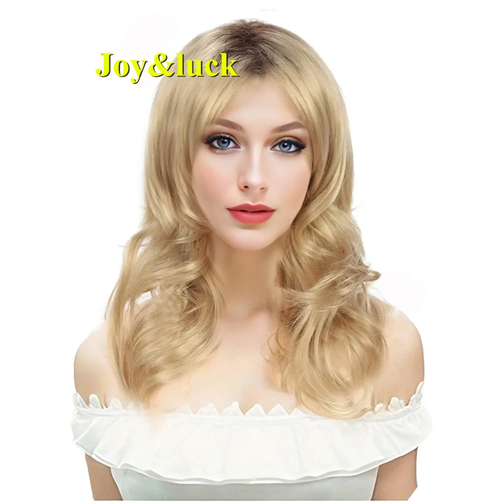 Joy & luck-Perruque blonde de longueur moyenne pour femme, perruques synthétiques ondulées, perruques brunes ombrées, perruque complète avec frange,