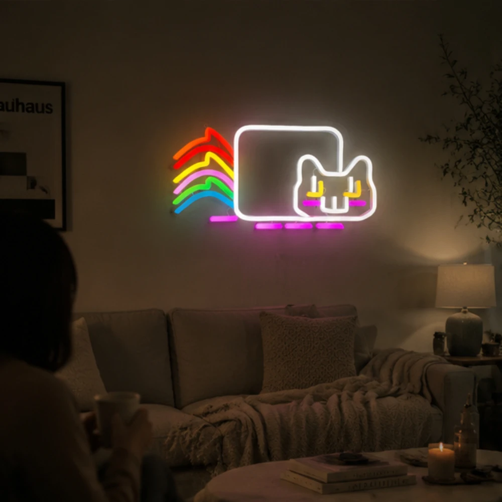 Ambient Light Bar Usb - Letreiro LED Neon Gato Arco-Íris, Decoração