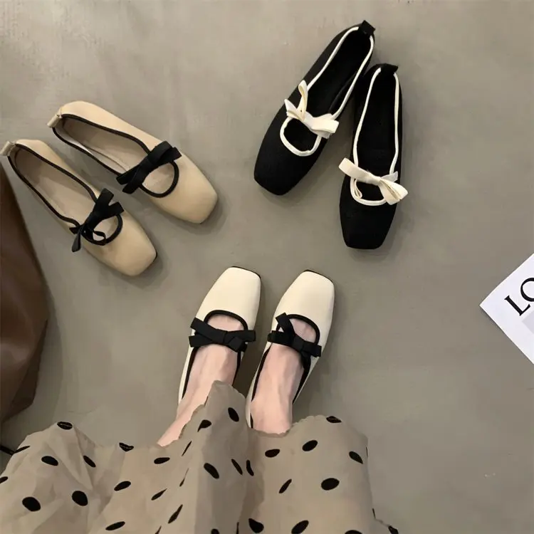 New Autumn Women Loafers Shoes Fashion Soft Bottom Flats Shoes Casaul Shallow Female Slip On Elegant Bow with square head Shoes