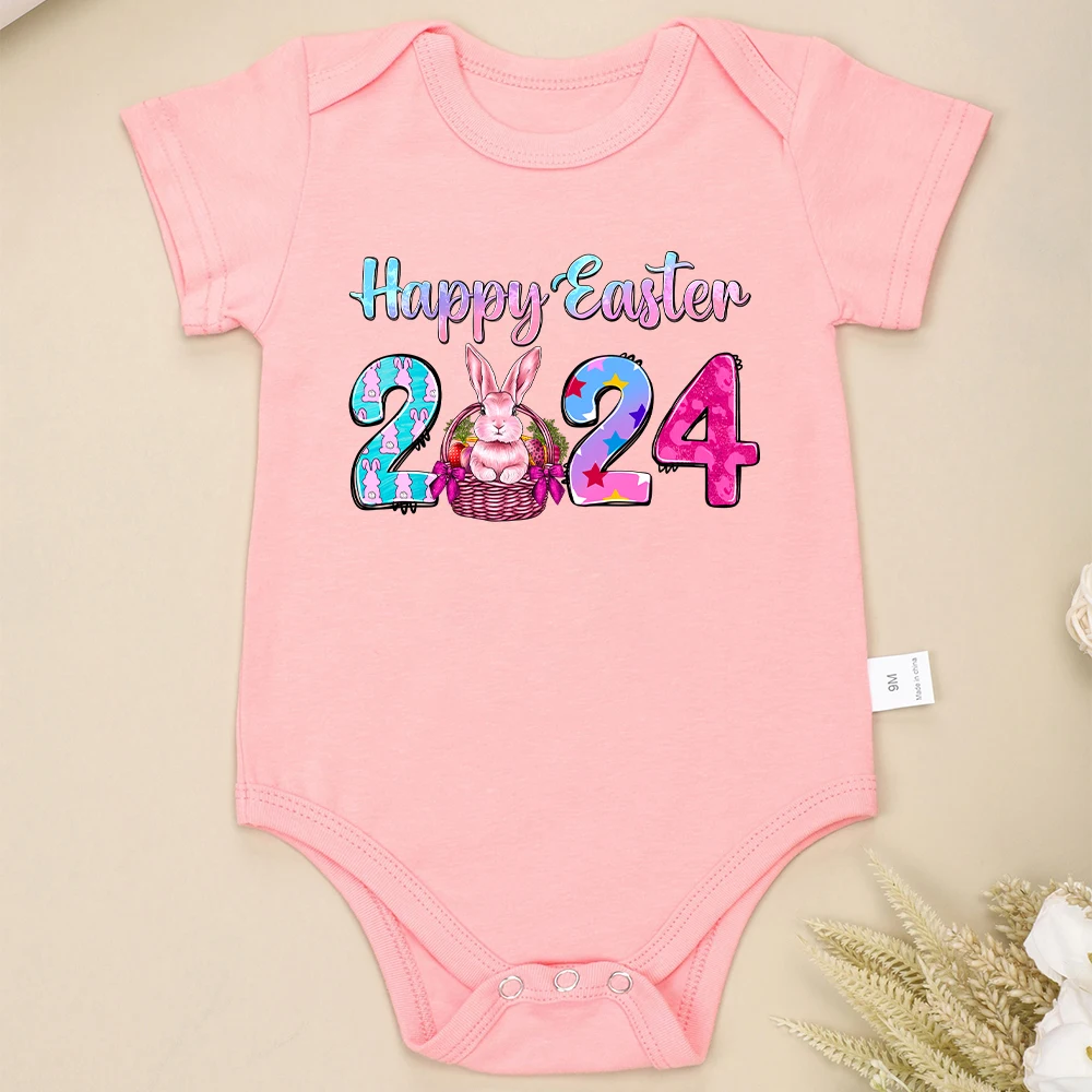 Happy Easter 2024 Newborn Bodysuit Cotton Cartoon Cute Sweet Style Baby Girl Clothes Home Casual Toddler Boy Onesie Short Sleeve