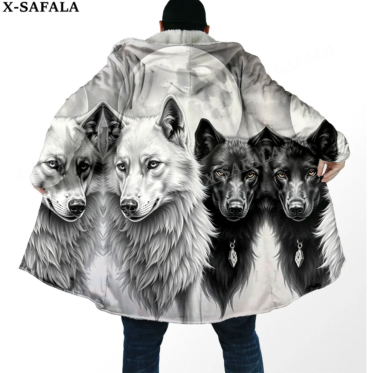 Elegant  Wolf Spirit Totem Arts Thick Warm Hooded Cloak Men Overcoat Coat Windproof Fleece Cape Robe Hooded Blanket-8