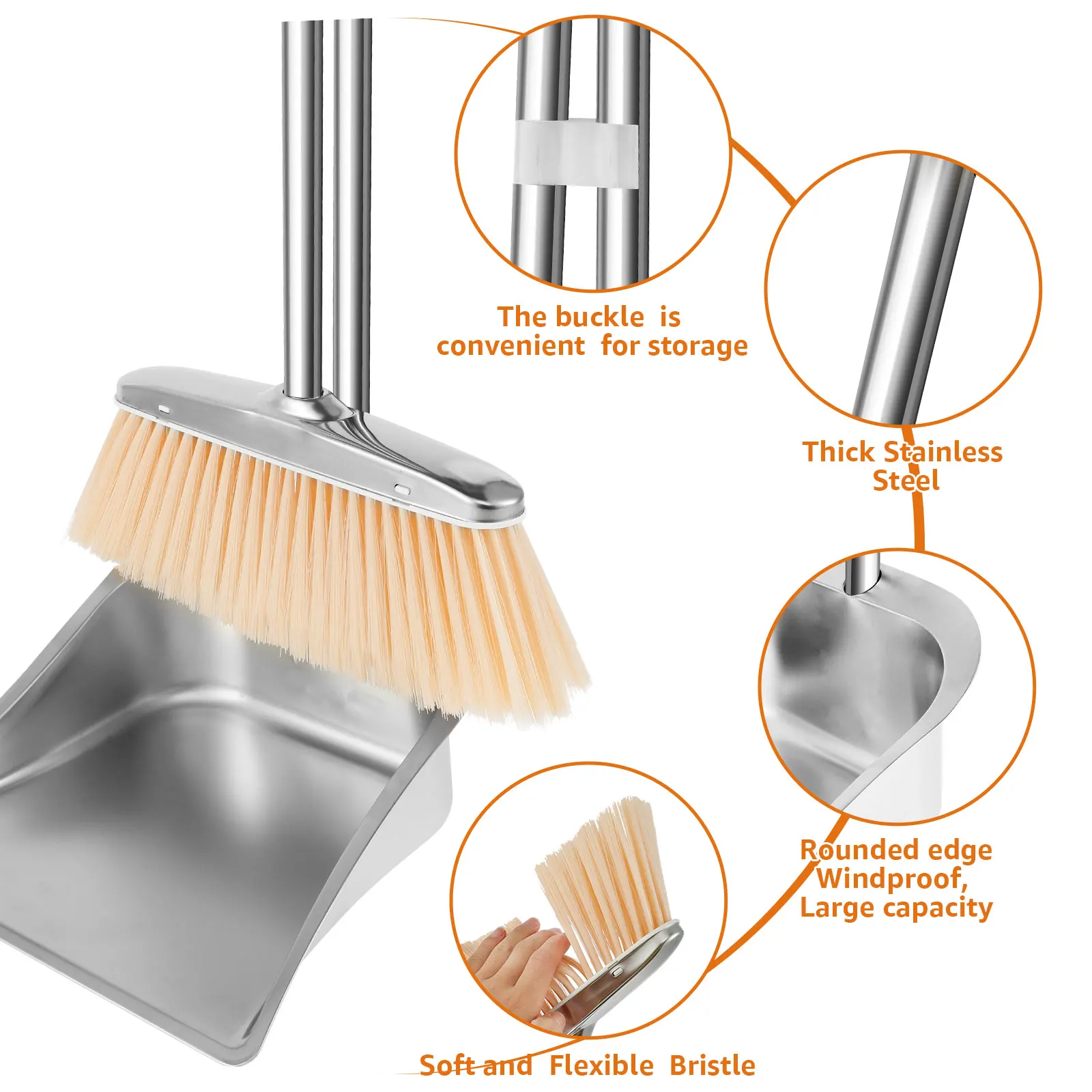 Stainless Steel Broom and Dustpan Set Home Sweeping and Cleaning Tools Home Accessories Thickened and Durable