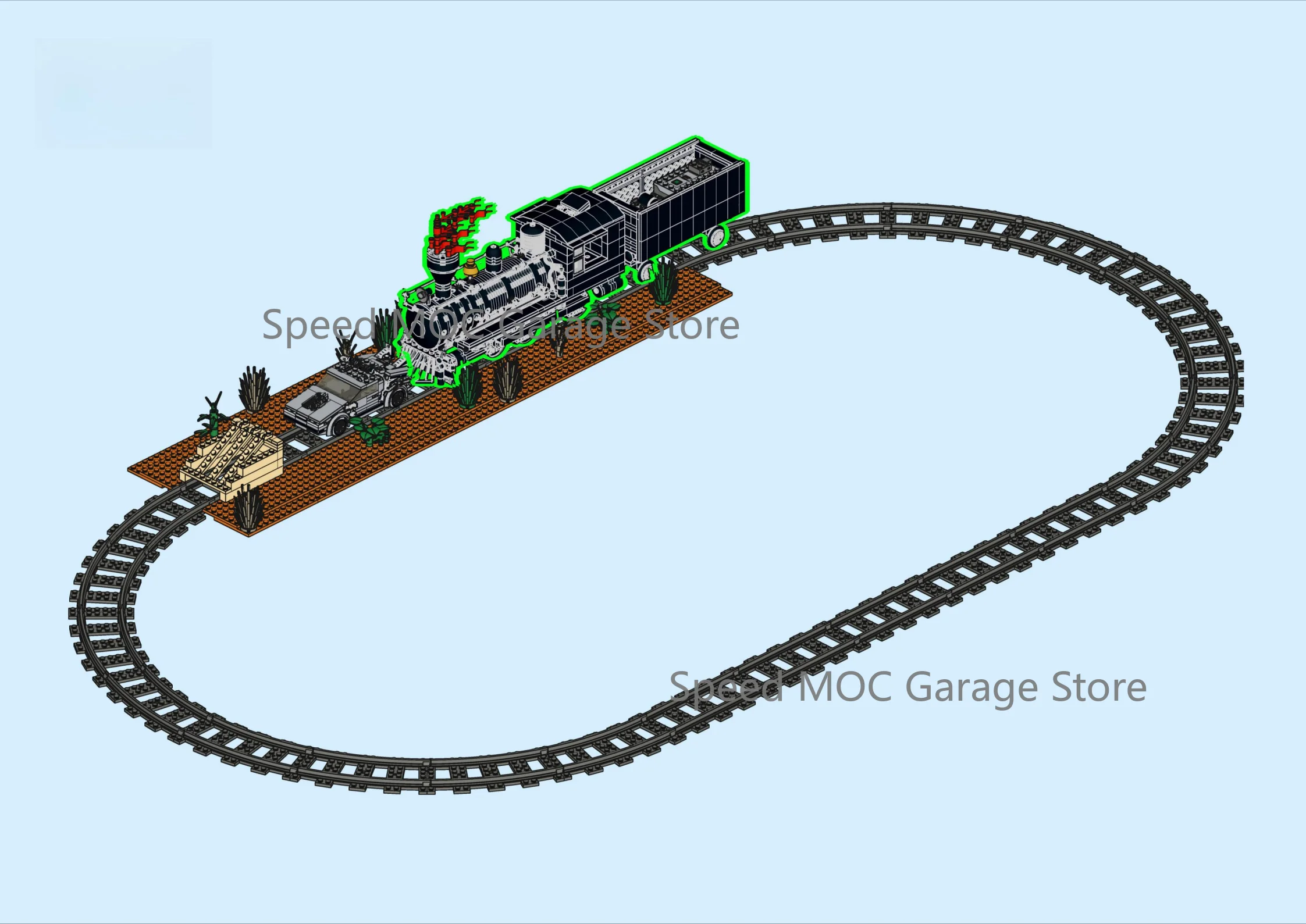 Motorized Retro Steam Train MOC Brick Set Operable Railway Track Desert Landscape Time Travel Car Scene Building Blocks Desk