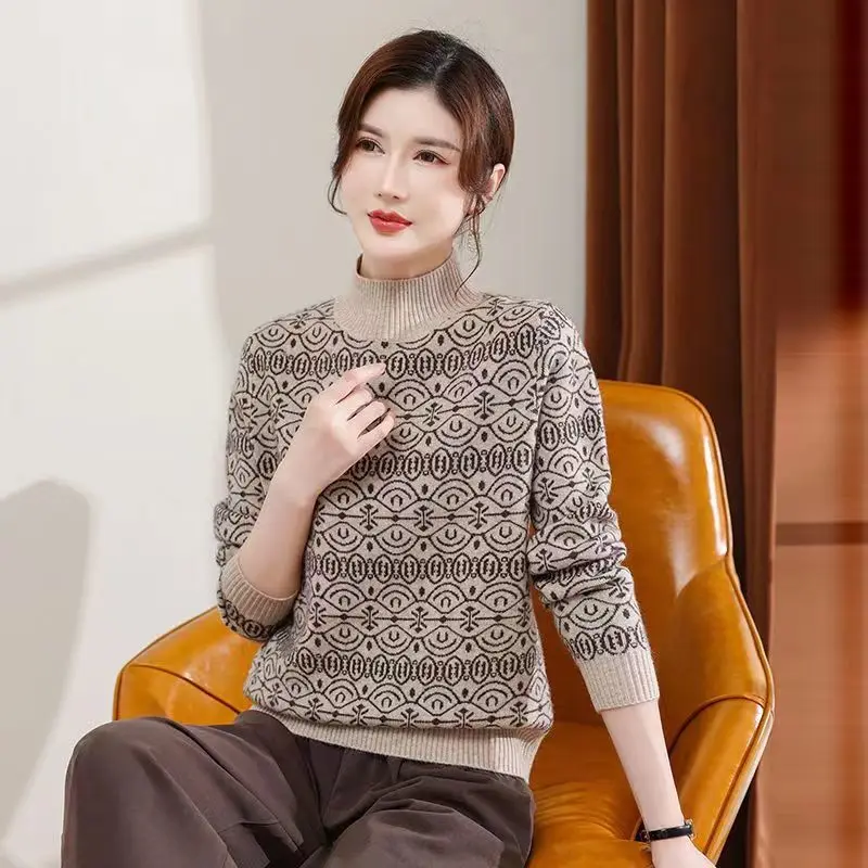 

2024 New Autumn Winter Women Clothes Temperament Half Height Collar Long Sleeve Pullovers Ladies Fashion Printing Sweater Tops
