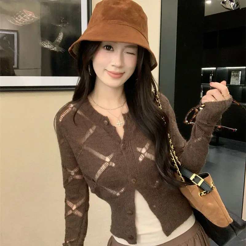 

2025 Autumn Retro Single Breasted Knitted Cardigan Top Korean Fashion Hollow Outwear Sweater Coat Gentle Solid Clothes