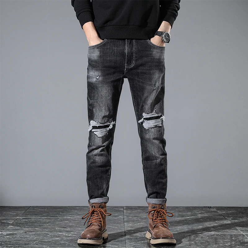 KSTUN Hip Hop Jeans Men Motocycle Jeans Ripped Denim Pants Slim Fit Black Grey Stretch Male Trousers Grunge Frayed Patch Cowboy