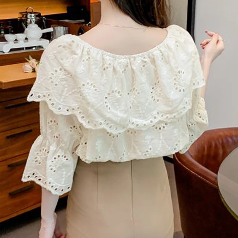 Women Ruffles Hollow Lace Embroidery Blouses Summer Trendy Lace Up Chic Sweet Shirts Solid 3/4 Sleeve Tops Blusa Mujer Moda 2023