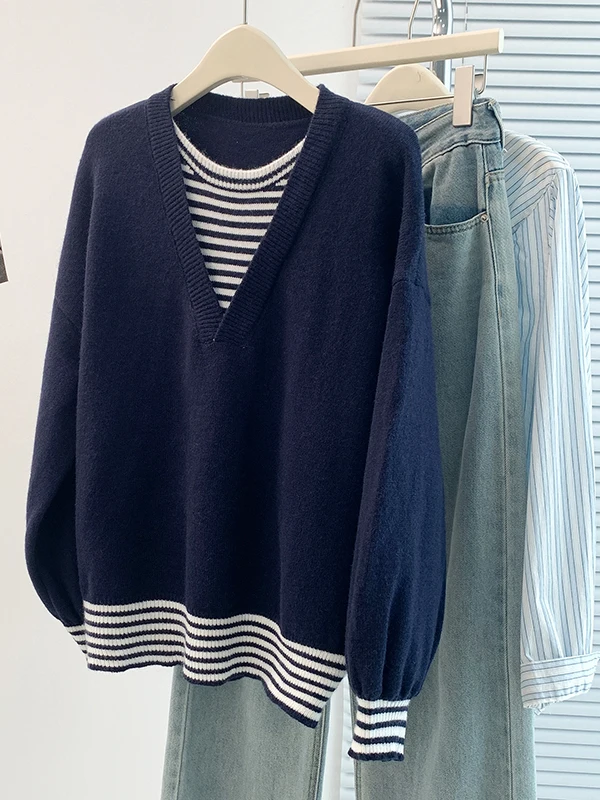 

Large Size Stripe Splice Knitted Long Sve Sweater Women's Fake Two-Piece Crew Ne Pullover Retro Sle Casual Wear