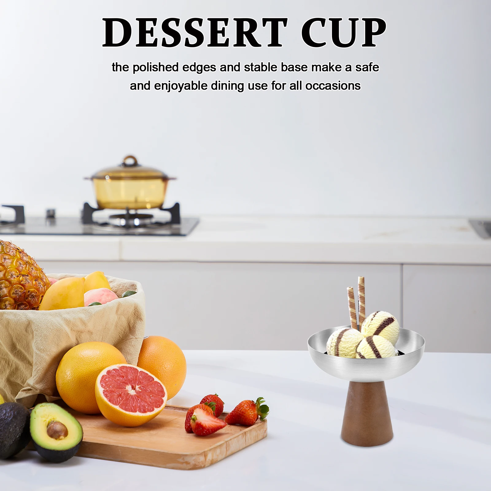 

Stainless Steel Dessert Cups 150Ml High Footed Ice Cream Bowl Wooden Base Reusable Pudding Salad Serving Bowls For Party Home