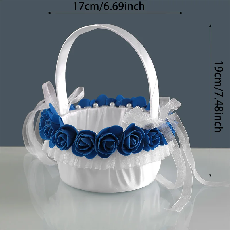 A satin bride's bouquet basket decorated with sapphire blue flowers, with a bow - a flower basket for weddings and events image 5