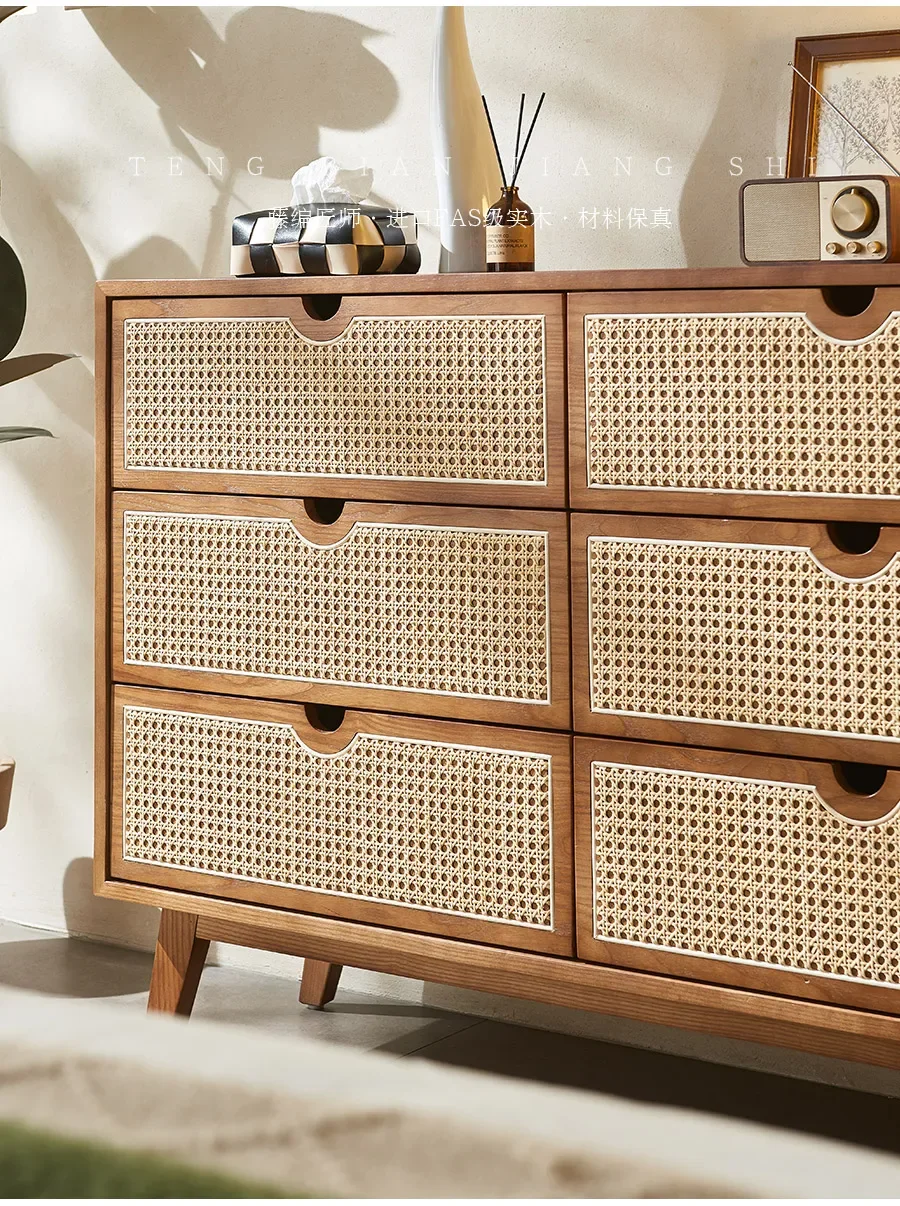 JYGSolid Wood Rattan Woven Four Or Five Chest of Six Drawers Simple Modern Dining Side Drawer Storage