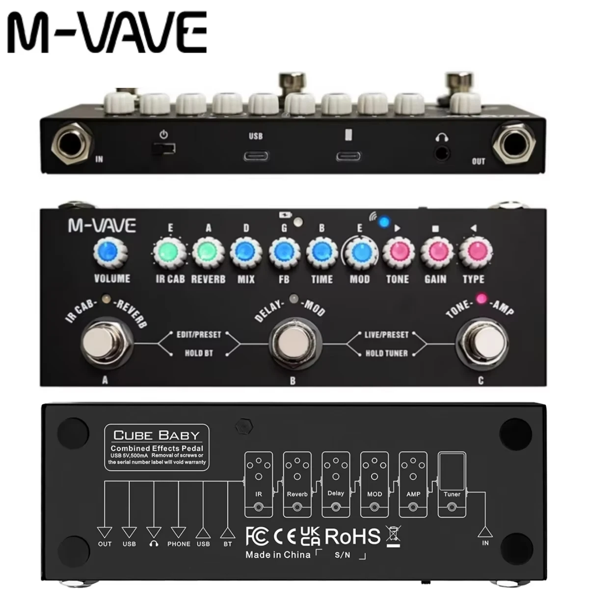 M-VAVE Cube BABY / Bass /AC  Simulation Effect Pedal, Rechargeable with 8 IR Cabinets, 24hrs Rechargeable & DAW Control
