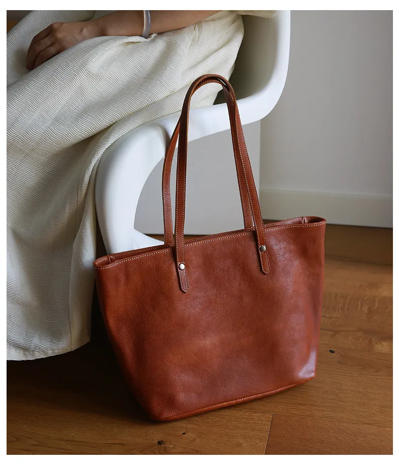 Einkaufstasche für das Wochenende, aus echtem Leder, Damenhandtasche, lässiger Luxus, handgefertigt, aus echtem Rindsleder, Damen-Umhängetasche, schlichte Handtasche. – Detail 1