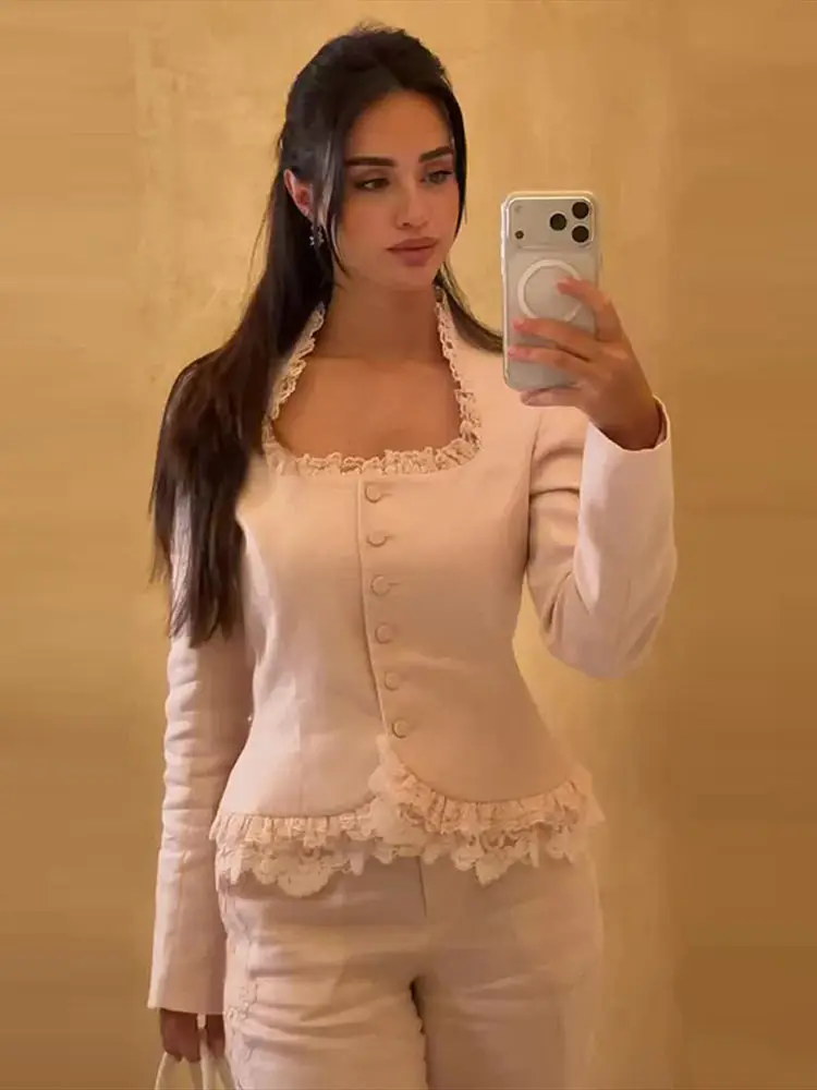 Solid Women Coat Lace Patchwork U-neck Long Sleeve Single Breasted Female Jacket Chic Lady Officewear Autumn 2026 Commute