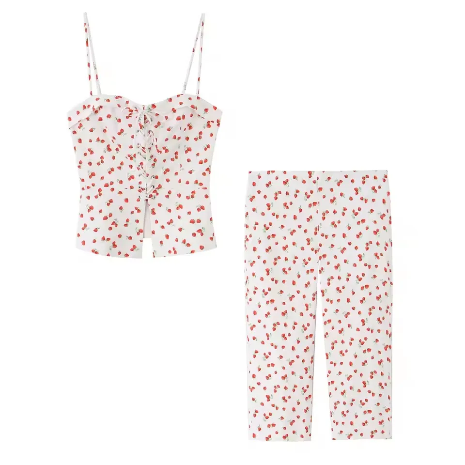 Women Print Short Pant 2 Piece Outfits Lace Up Slim Spaghetti Strap Top Casual Cropped Pants Sexy Street Lady Sets