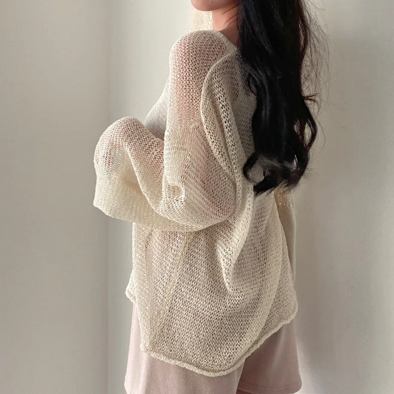 Vintage Korean Version Thin Hollow Long Sleeve Knitted Pullovers Women Spring Summer Design Niche Tops Loose Sexy Blouse