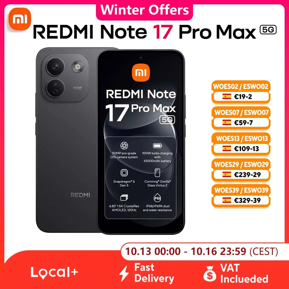 VersiÃ³n Global Xiaomi Redmi Note 17 Pro Max 5G, Pantalla AMOLED de 6,83" 120Hz, BaterÃ­a de 9210 mAh, Carga RÃ¡pida 100W, IP66/IP68, Gorilla Glass Victus 2, Snapdragon 6 Gen 5, CÃ¡mara IA 50MP,