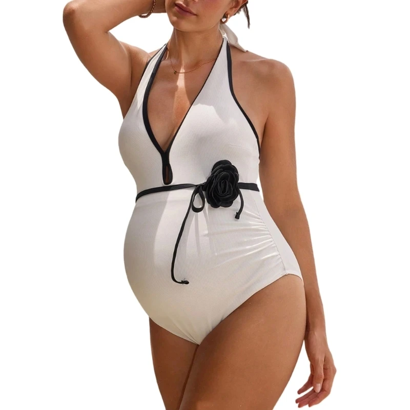 A5YC Elastic Pregnancy Swimwear Halter Neck Floral Decoration Supportive Quick Dry
