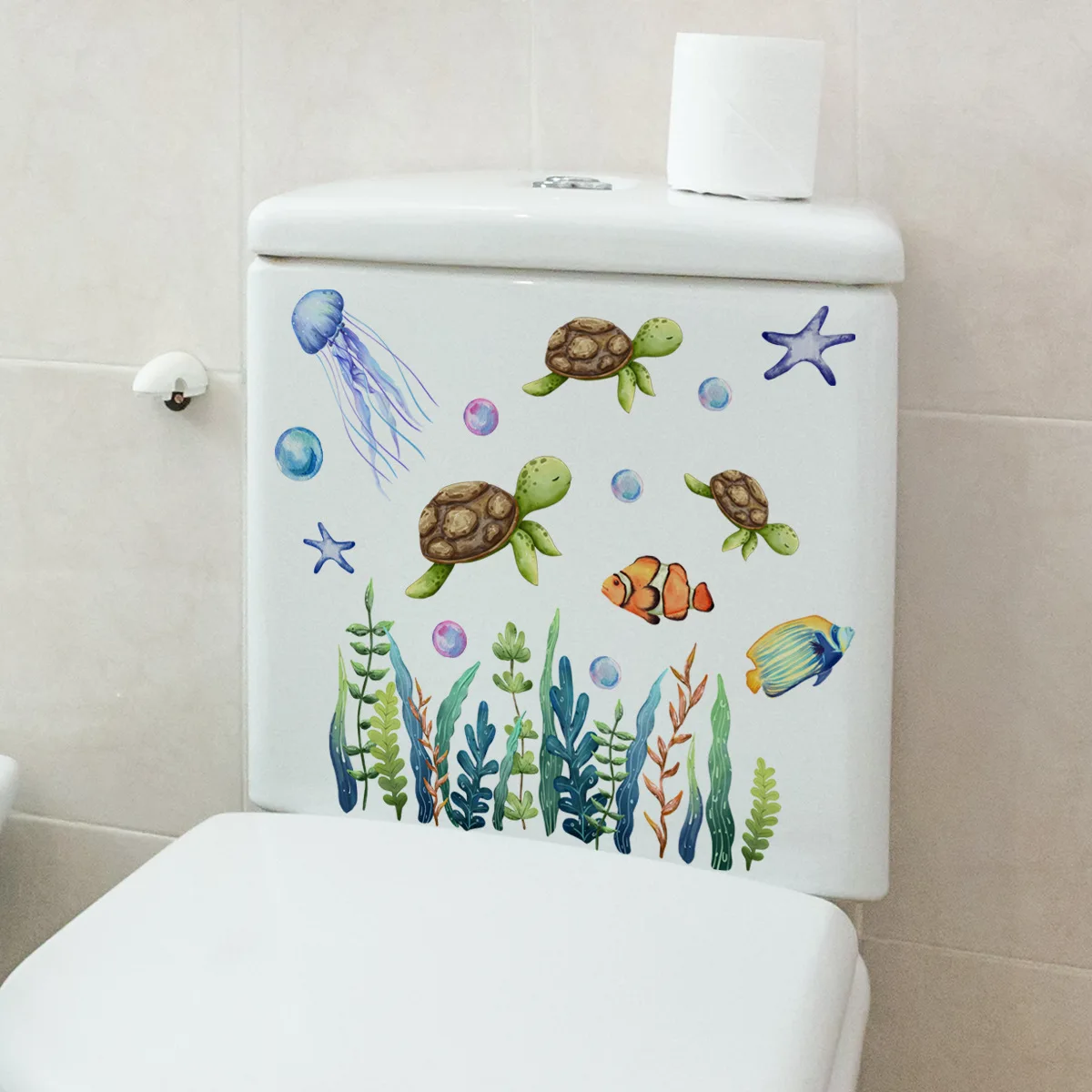 30*30cm Turtle Jellyfish Seaweed Cartoon Wall Sticker  Diy Fridge Restaurant Bathroom Balcony Toilet Decorative Wall Sticker