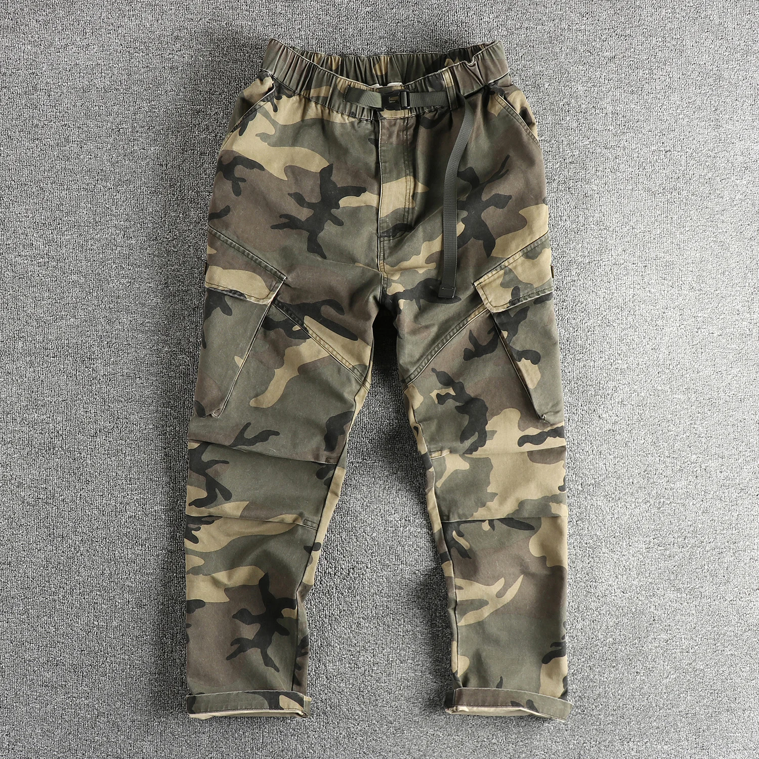 Buckle elastic waist May Khaki vintage wash made old camouflage cargo casual pants men's loose function long pants