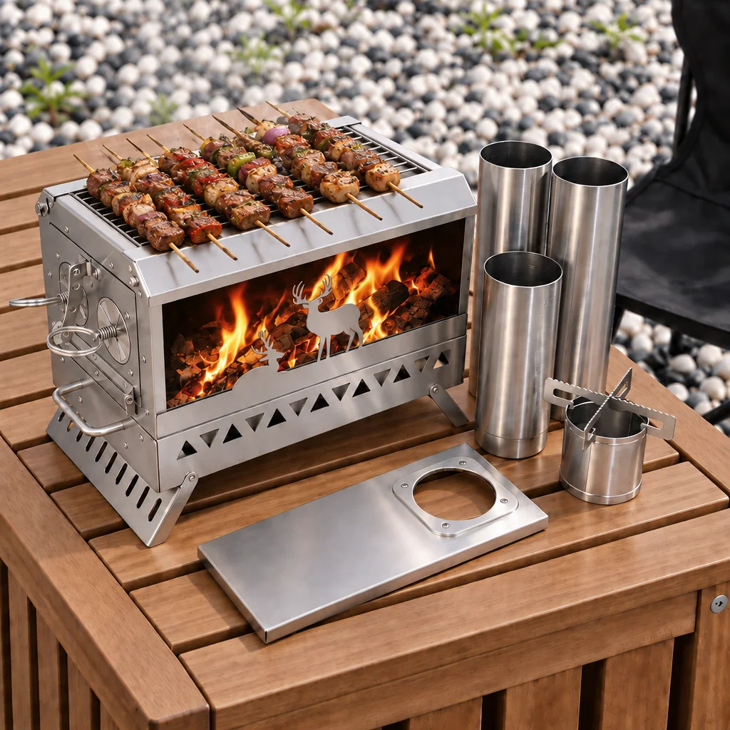 Camping Cooking Fire Stove - ステンレス製折りたたみ式キャンプ用薪ストーブ、二重ガラスの火元確認窓、交換可能なグリルネット付き、屋外テントの暖房や調理に最適