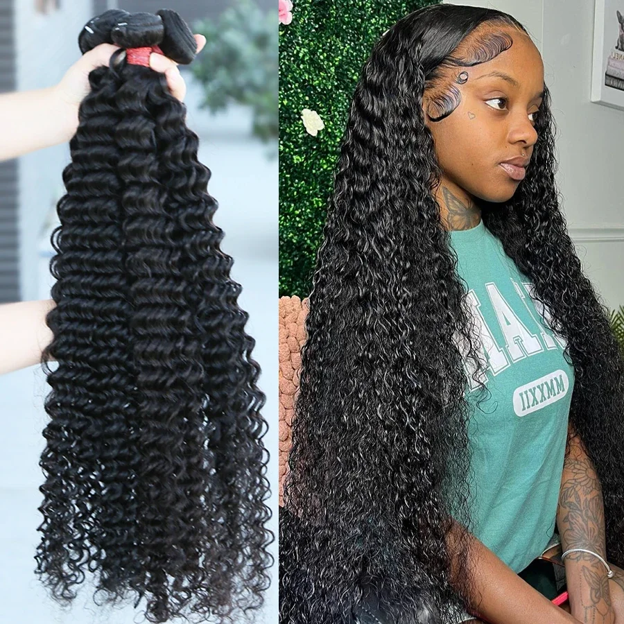 Deep Wave Human Hair Bundles Brazilian 28 30 inch Virgin Hair 3 4 Bundles For Women Sew In Quick Curly Weave Raw Hair Extensions