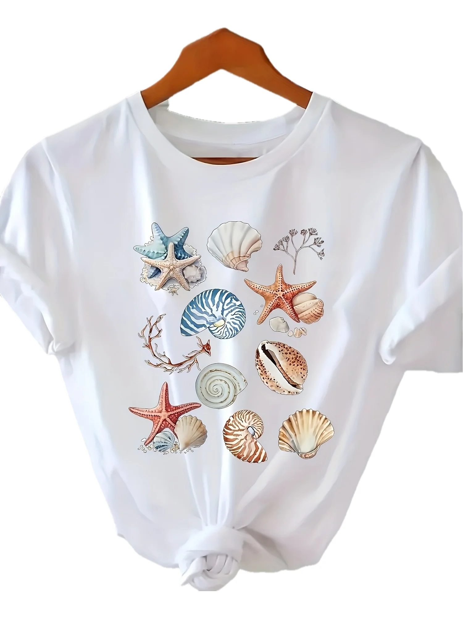 Casual Women's Beach T-Shirt Light Beige Starfish Shell and Coral Reef Pattern Top Soft Daily Summer Round Neck Shirt Vacation