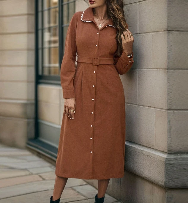 Fashion Turn-Down Collar Lace Long Sleeved Casual Daily Corduroy Long Dress Dresses Woman Autumn 2024 Trend