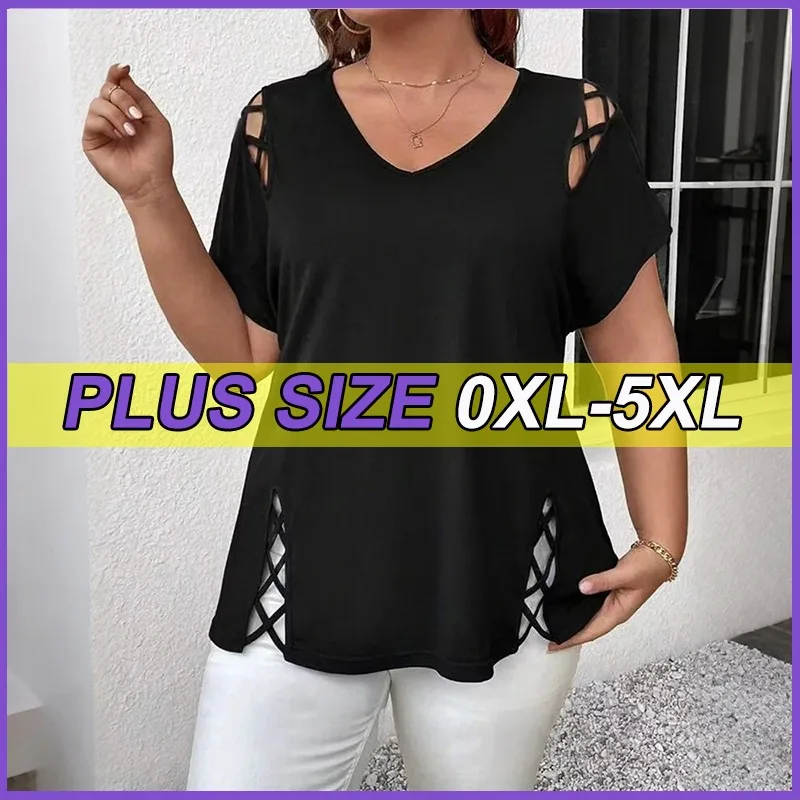 

Plus Size T-Shirts Women Solid Short Sleeve Hollow Out Basic Tunic Tops 3XL 4XL 5XL Summer Lady Casual Tees Blouse Pullover