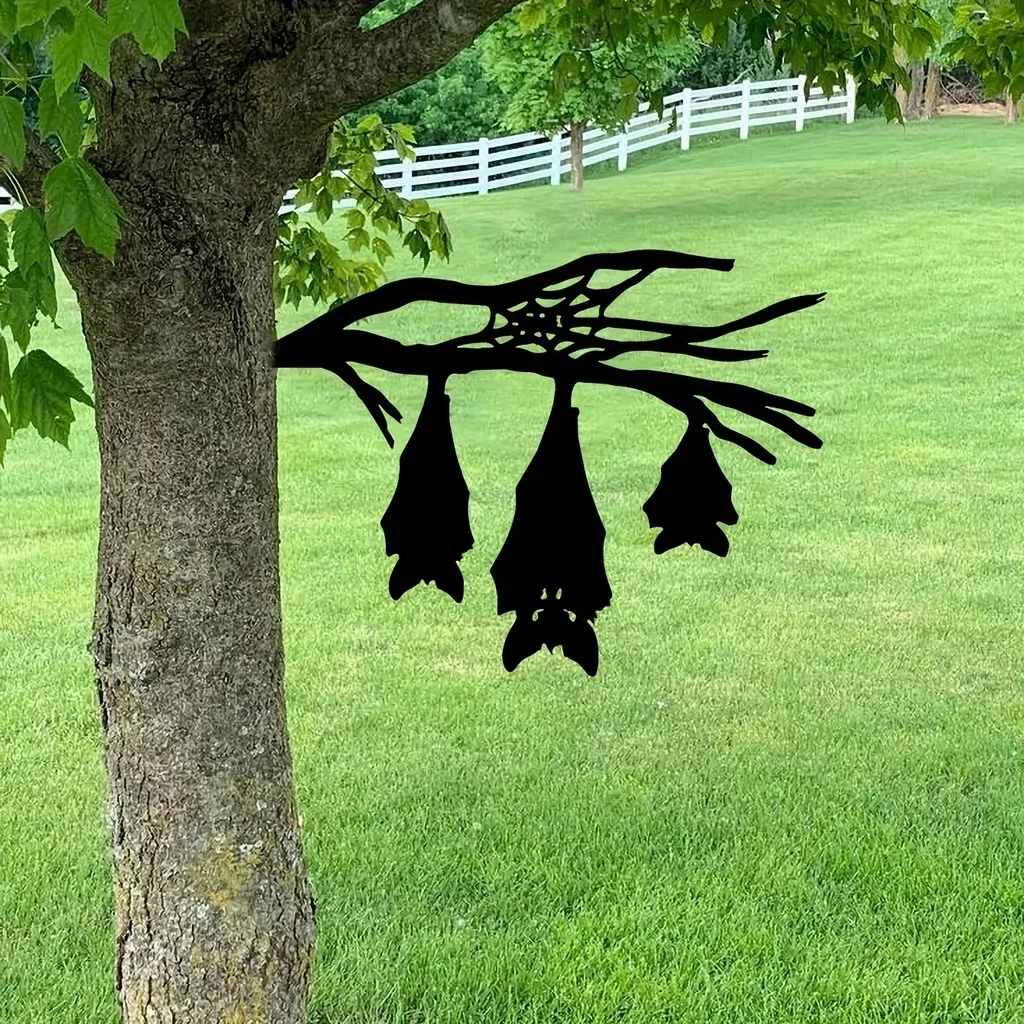 

Hello Young Iron Silhouette Wall Hanging Three Bat-shaped Tree Garden Stump Hollow Out Sculpture Ornament Metal Inserts Ground