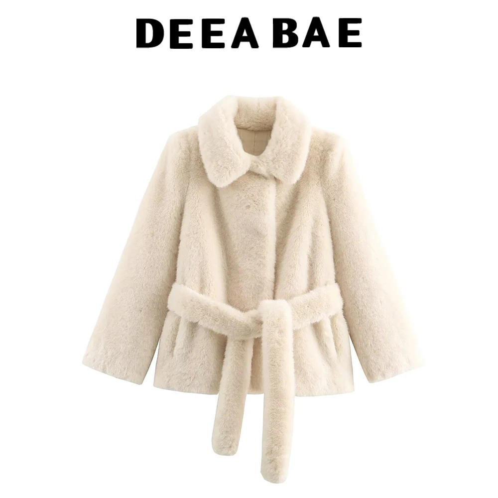 

DEEABAE 2025, осенний новый продукт, женская одежда, стиль, простой плюшевый воротник на талии, короткое стильное пальто с эффектом искусственного меха