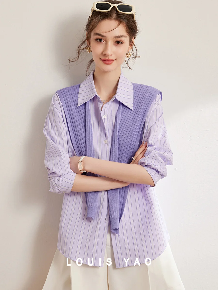 

LOUIS YAO 2025 Spring Color Contrasting Woolen Shawl Design Casual Fashion Collar Striped Loose Long Sleeve Women's Shirt