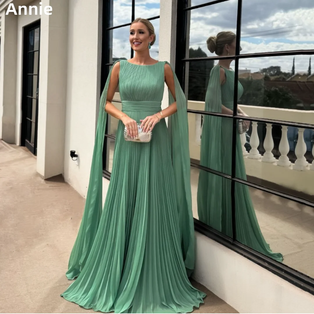 Annie-vestido de novia verde plisado para mujer, elegante vestido de graduación con línea A, chal árabe a medida