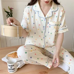 2023 New Summer Cotton Print Short Sleeve Long Pants Pajama Sets For Women Korean Sleepwear Pyjama Homewear Pijama Mujer Clothes