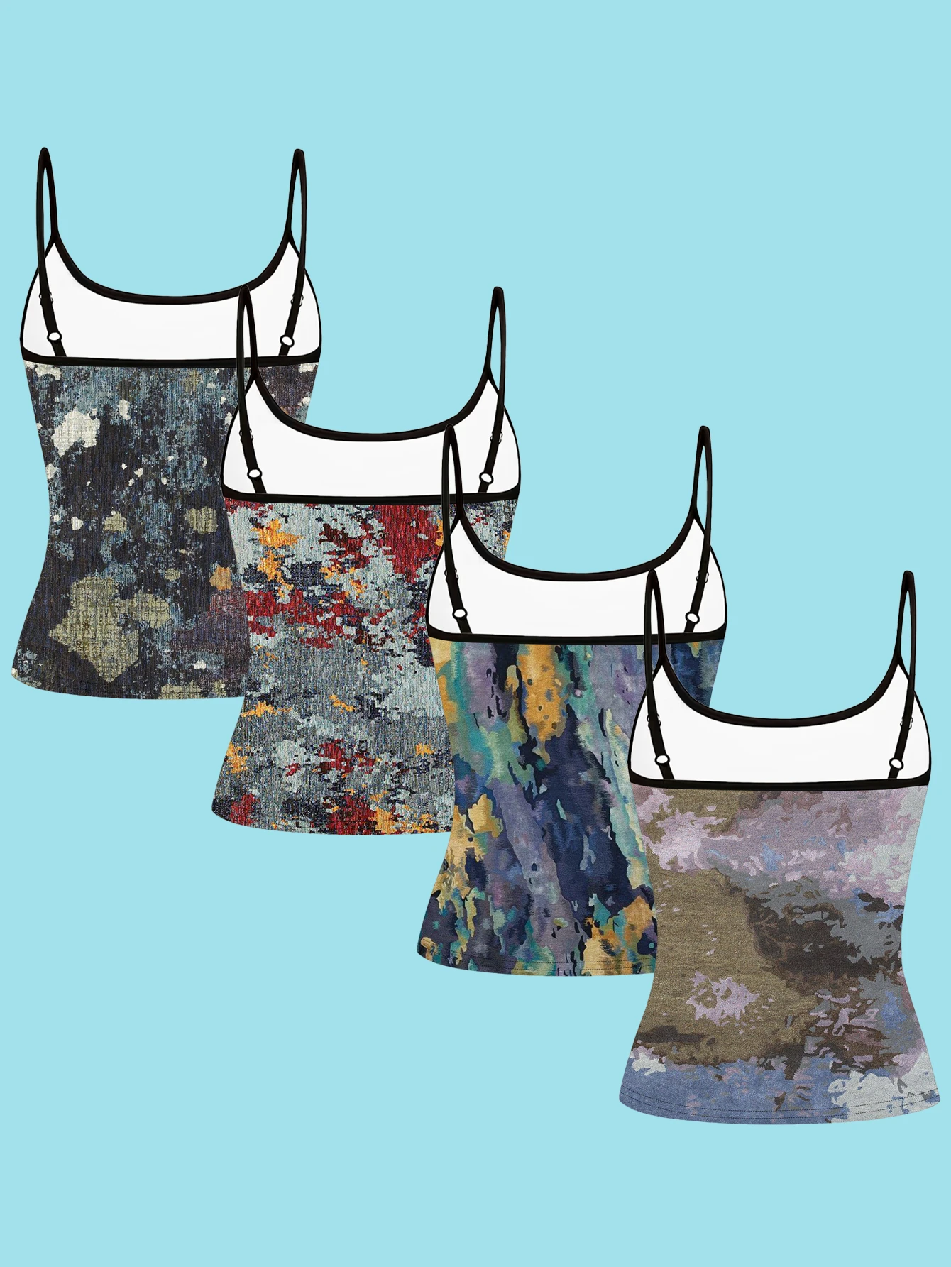 4-Piece Set of Vintage Speckled Ink Abstract Print Spaghetti Strap Camisole Tops for Women, with a Unique Artistic Feel, Slim Fit, Can Be Worn as an Inner Layer or Outerwear