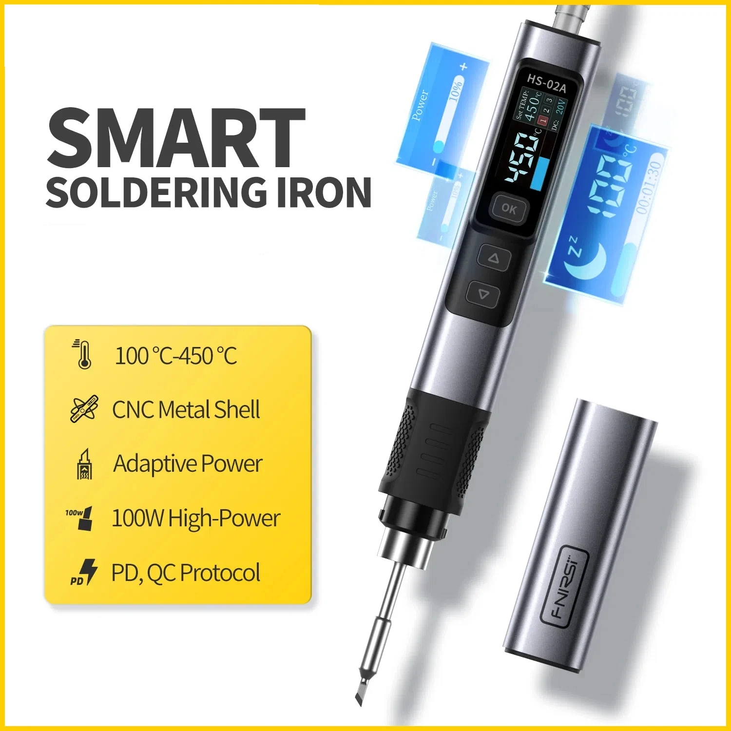 

HS-02 Adjustable Temperature Soldering Iron DC 24V 100-450℃ Welding Solder Rework Station PD 100W Portable Repair Tool