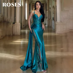 ROSES Green Sexy Prom Dress V-Neck Spaghetti Straps Prom Gown with Sequins Satin Side Split Mermaid Evening Dresses Customized