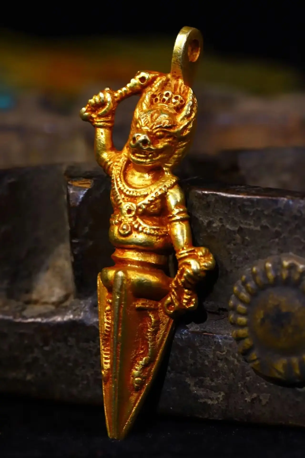 

2"Nepalese temples Old Bronze Cinnabar Gilded Palden Lhamo Dorje Vajra Phurpa Pendant Amulet Town House Exorcism