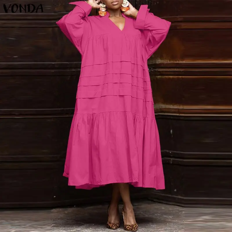 

Женское платье-рубашка VONDA больших размеров 5XL, однотонное, длинное, весна-осень 2026, повседневное, с V-образным вырезом, с оборками, миди, свободное, оверсайз, для вечеринок