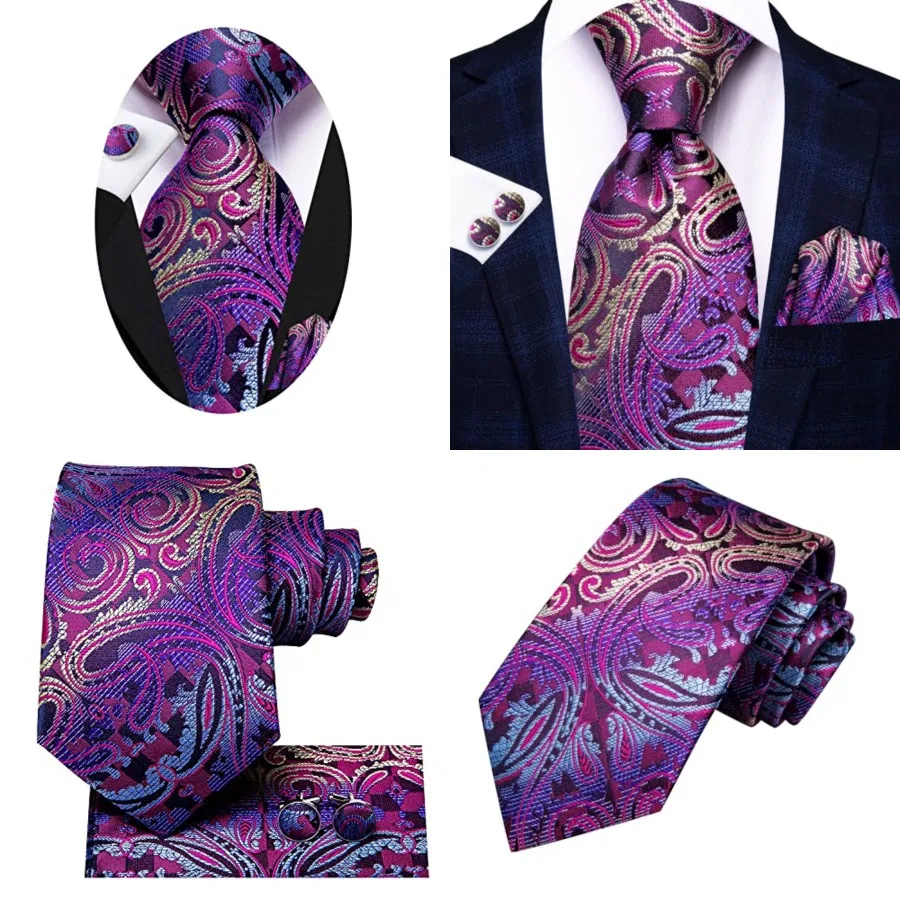 

Paisley Floral Ties Set for Men Silk Mens Stripes Necktie Pocket Square Cufflinks Set Formal Business，Purple