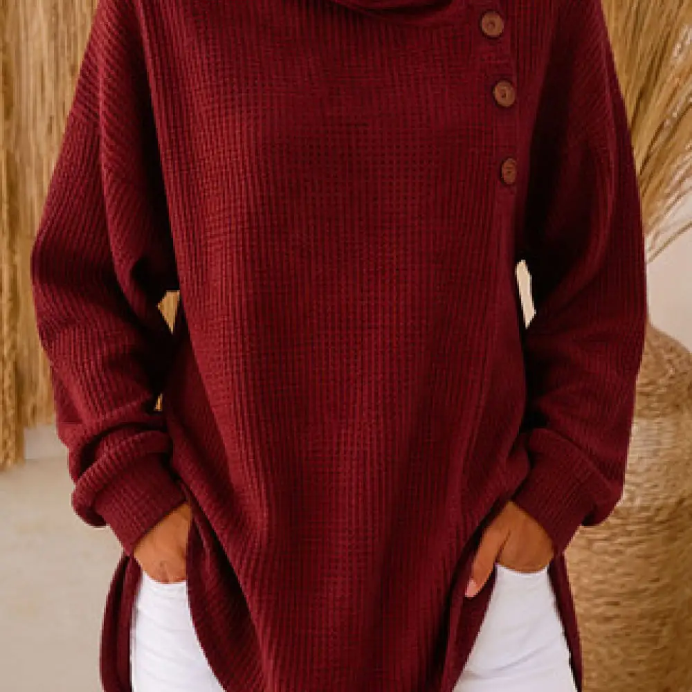 Womens Casual Polo Neck Sweatshirt Long Sleeve Button Up Pullover Textured Autumn Fashion Solid Color Comfortable Soft Tops