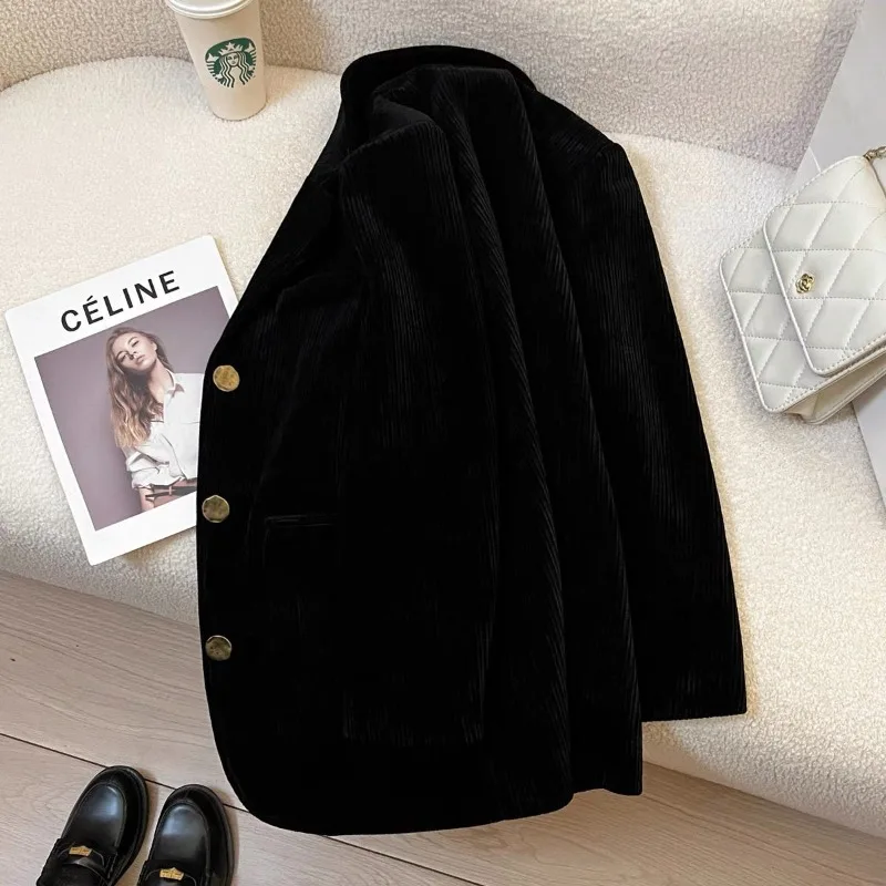 Women's Black Slimming Autumn Winter Corduroy Suit Coat New Style High-end Chic Casual Suit Small Suit Blazer Women Fashion
