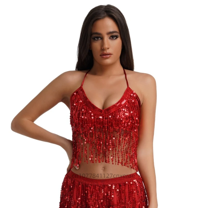 Top di danza del ventre, top di performance con paillettes europee e americane di Halloween, top con frange di danza del ventre per feste sul palco