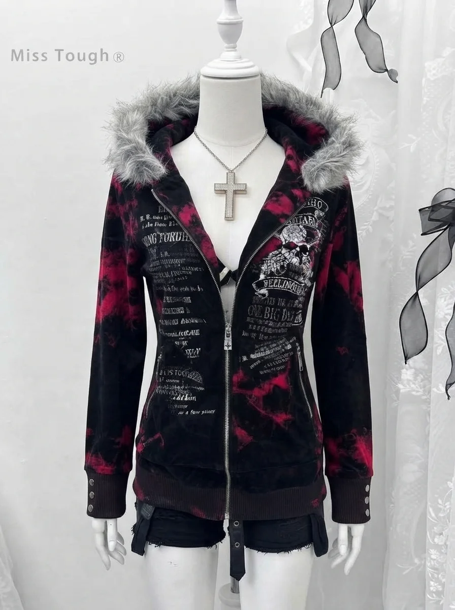 Autumn New Gothic Geometric Print Red Gradient Zipper Hoodies Women's High Street Fur Collar Loose Sweatshirt Harajuku Y2k Coats