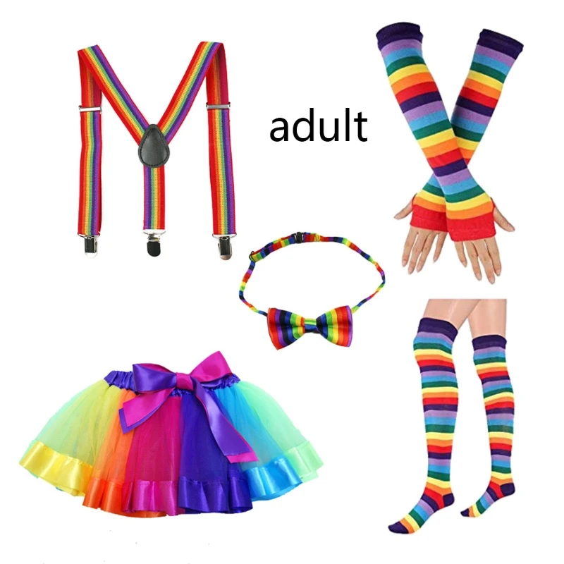 Party Regenbogen Streifen Kostüm Set Rüschen Rock Handschuhe Socken Fliege Hosenträger