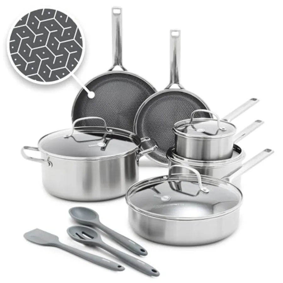 

Hybrid nonstick stainless steel cookware for induction and all cooktops, tri-ply thermobond construction with PFAS-free ceramic