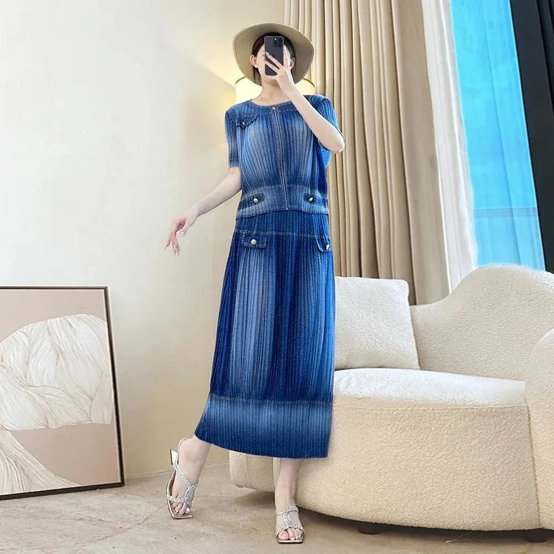 

ALSEY Miyake Faux Denim Print Summer Pleated Women's Two Piece Round Neck Collar Zip Design Short Sleeve Top + Straight Skirt