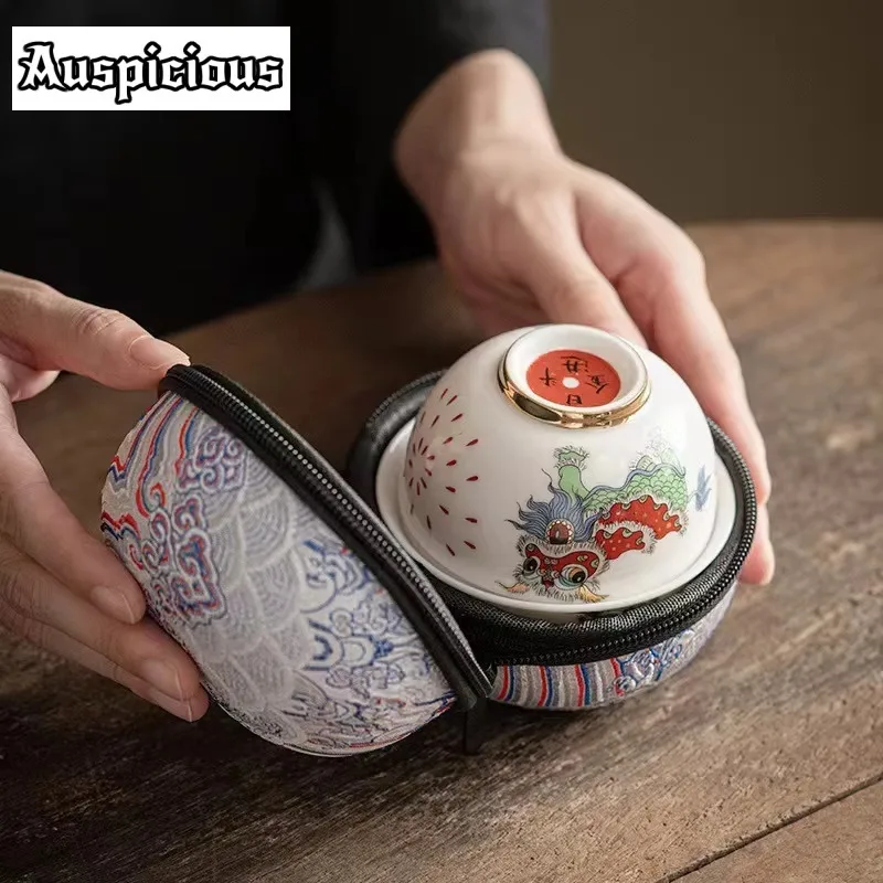 Chinese Lion White Porcelain Express Cup Portable Ceramic Travel Tea Set 1 Pot 3 Cups Filter Kung Fu Teaware Kit Business Gifts