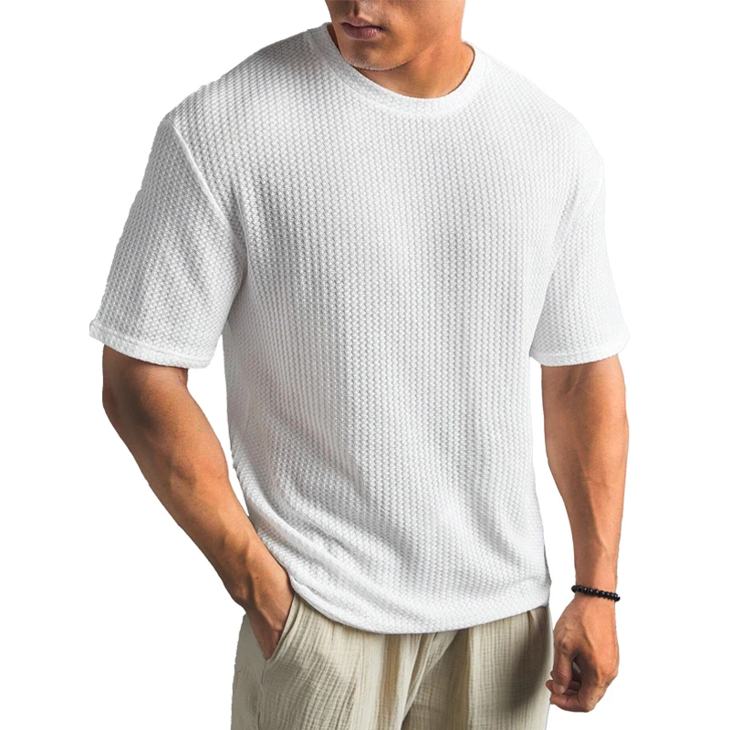 Pop 12 Colors New Summer Waffle Round Neck Short Sleeved T-shirt For Men's Short Sleeved Top Oversized