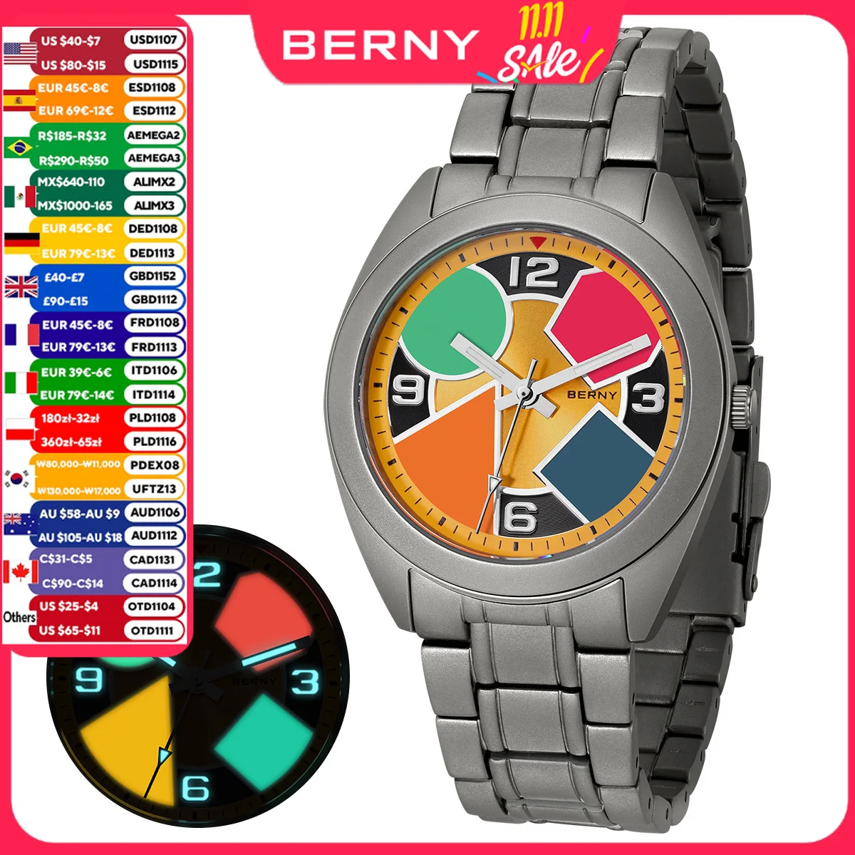 BERNY Titanium Watch For Men AR Coating Sapphire Contrasting Geometric Dial Multi-color Luminous Fabric Titanium Watch For Men